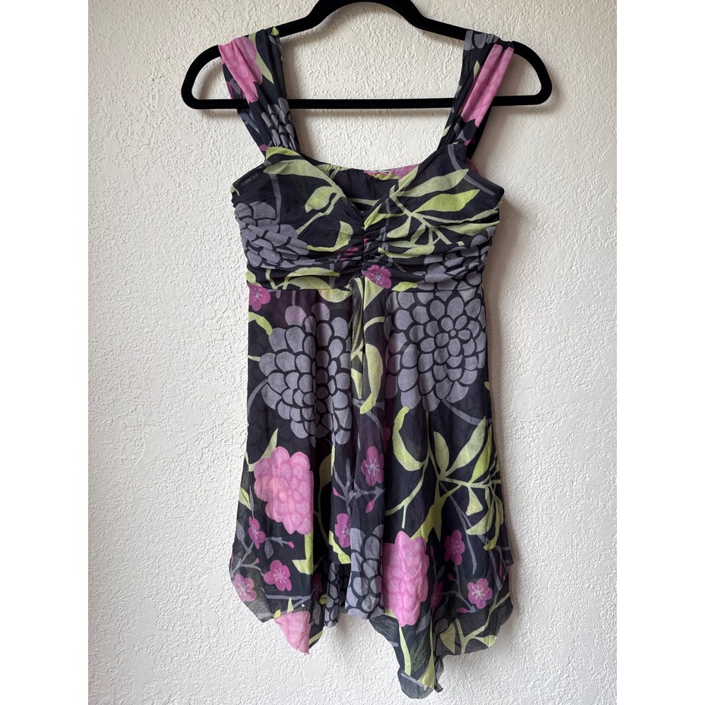 Vintage Y2K Floral Mesh Handkerchief Hem Cami Top Pink Green Large